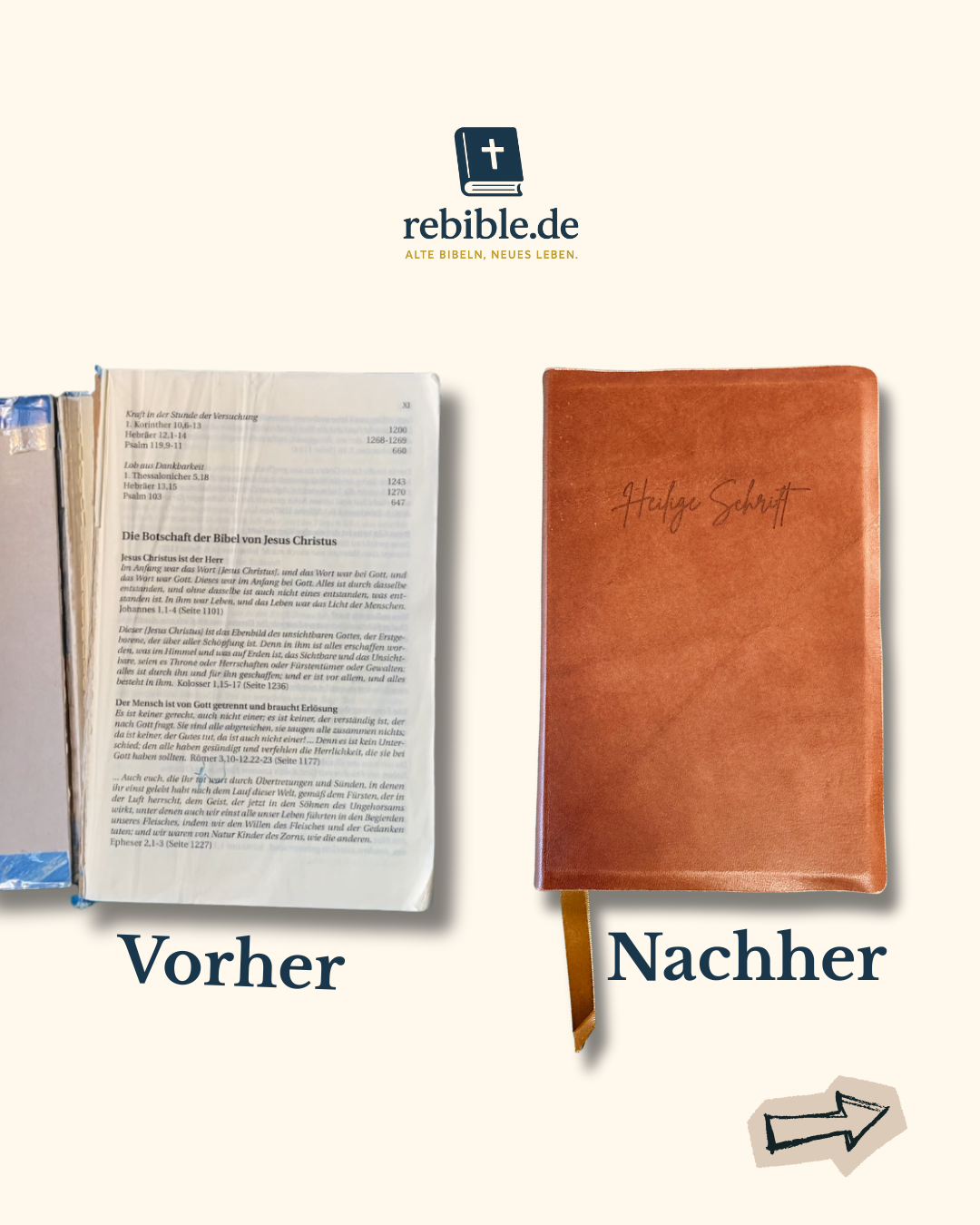 Vorher Nachher Bild einer Bibelreparatur in Echt Leder Braun mit Gravur. Heilige Schrift neu eingebunden