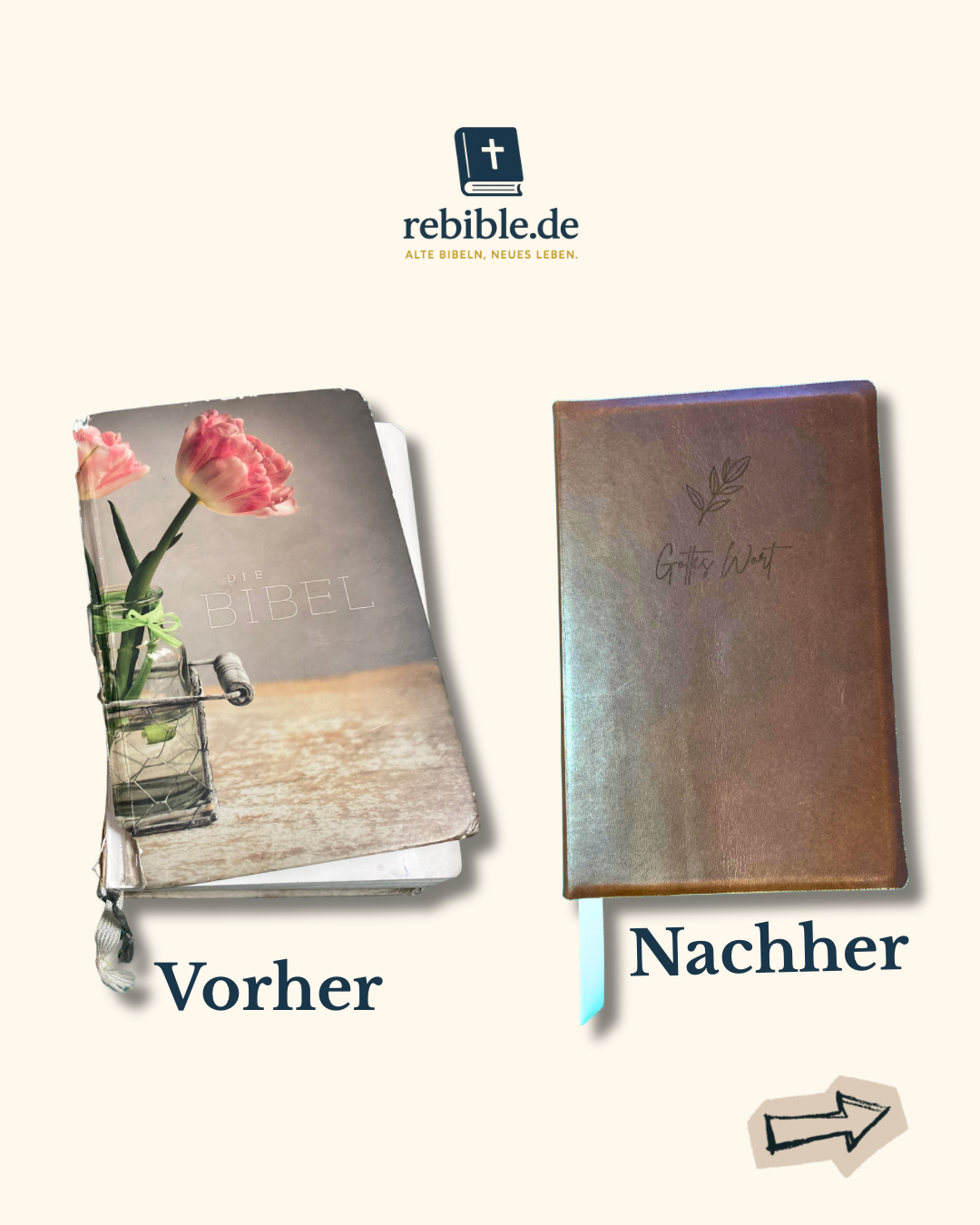 Vorher Nachher Bild einer Bibelreparatur. in Echtleder mit Gravur. Gottes Wort Olivenblatt. neu eingebunden