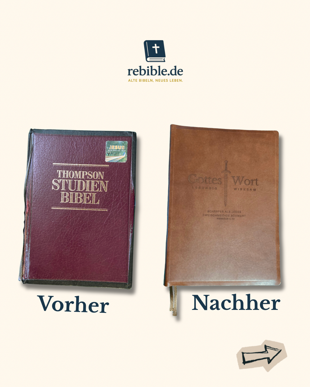 Vorher Nachher Bild einer Bibelreparatur in Echtleder Braun mit Gravur Hebräer 4, 12 Bibel neu einbinden