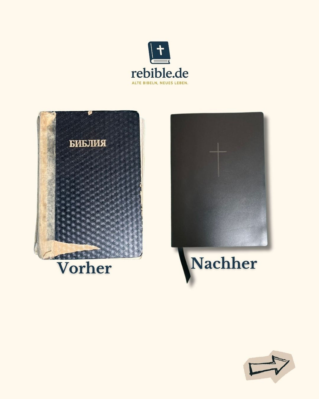 Vorher Macher Bild einer reparierten Bibel aus echtem Leder mit Kreuz. Bibel neu eingebunden