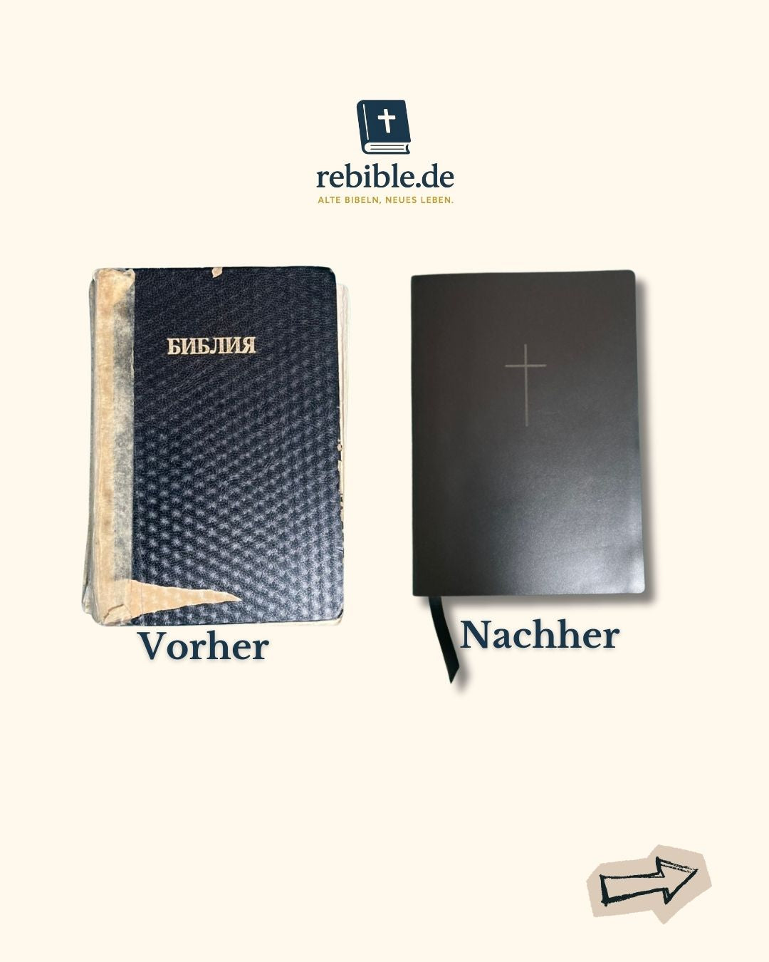 Vorher Macher Bild einer reparierten Bibel aus echtem Leder mit Kreuz. Bibel neu eingebunden
