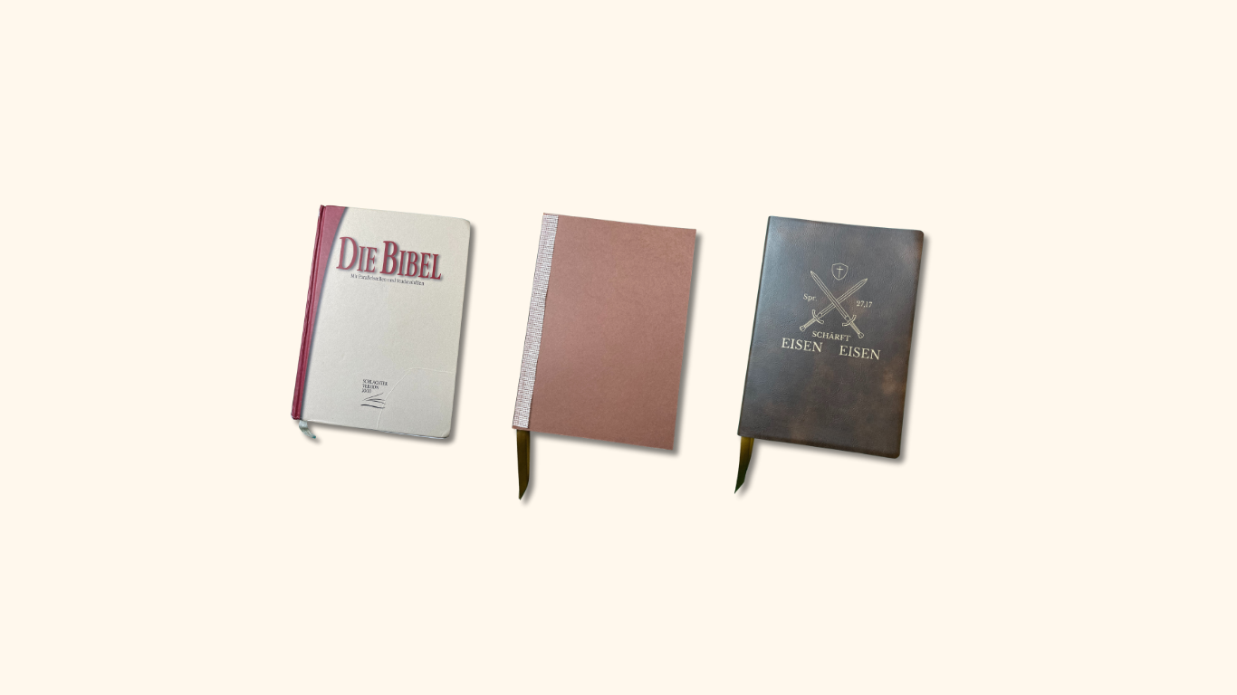 Bibel neu einbebunden mit handgefertigtem Bibelcover aus  Echtleder oder Kunstleder mit Prägung oder Gravur – ReBible Bibelrestaurierung & Bibelreparatur